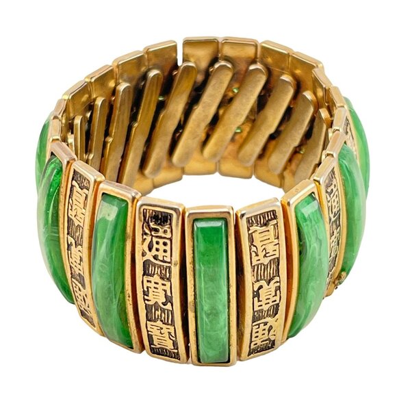 Expansion Cuff Green Marbled Bracelet, Good Luck Symbols, Lucite, Vintage, Mid C - Picture 6 of 6